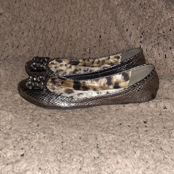 SAM EDELMAN-Caper-Metallic Snakeskin Ballet-Rhinestone Embellished-Sz 37.5-EX - Picture 2 of 8